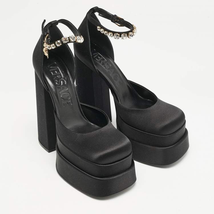 Pre Owned Versace Black Satin Medusa Aevitas Double Platform Pumps Size 39