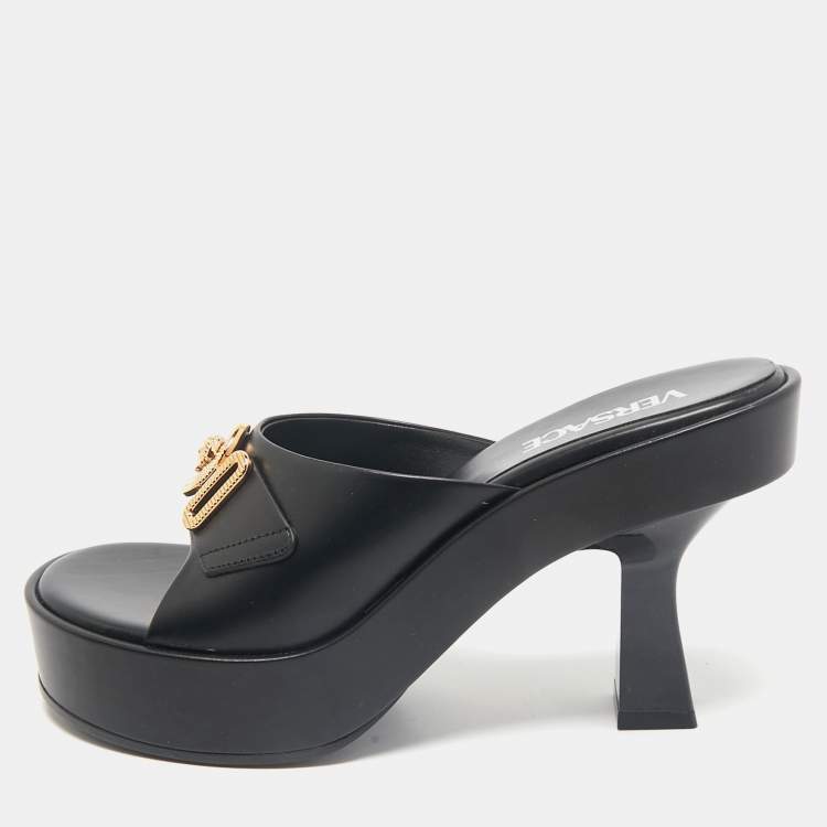Pre Owned Versace Black Leather Medusa Biggie Mules Size 38