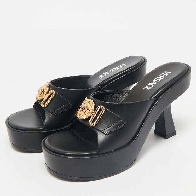 Pre Owned Versace Black Leather Medusa Biggie Mules Size 38