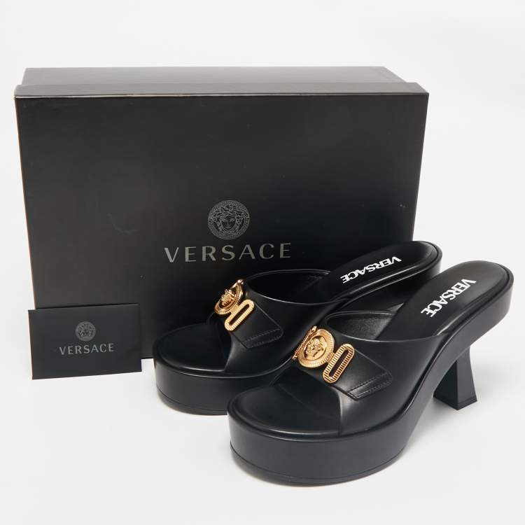 Pre Owned Versace Black Leather Medusa Biggie Mules Size 38