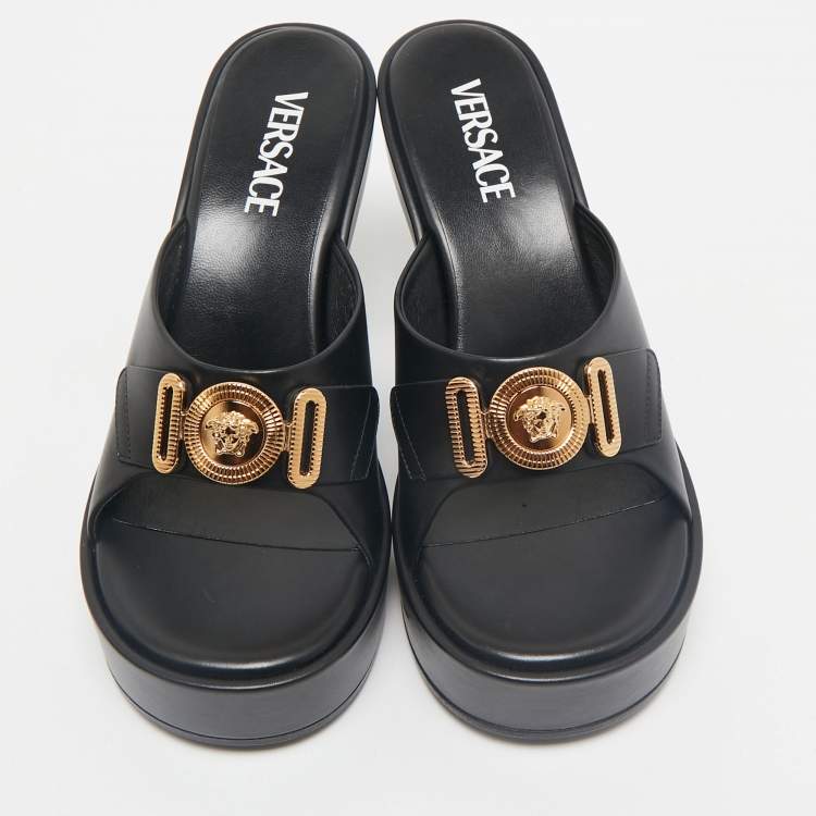 Pre Owned Versace Black Leather Medusa Biggie Mules Size 38
