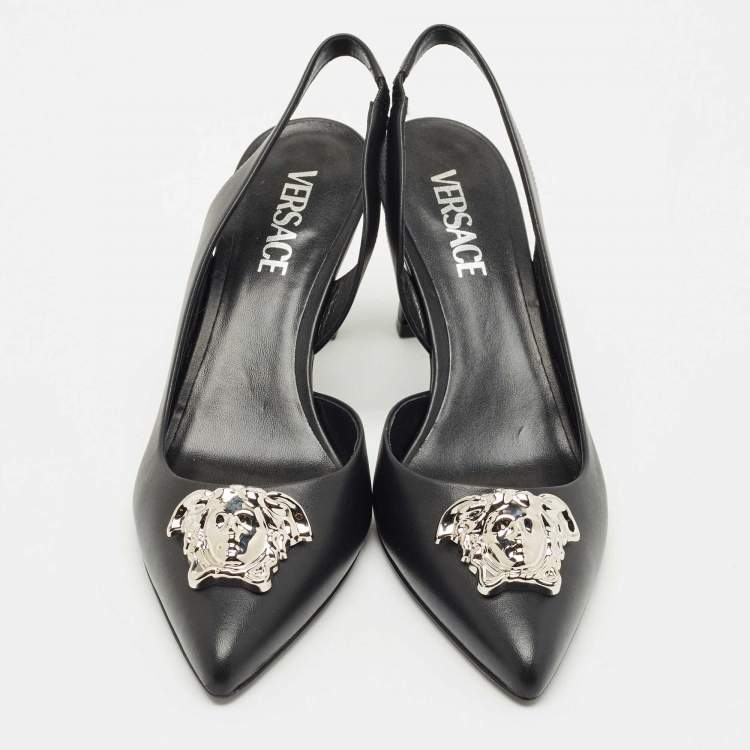 Pre Owned Versace Black Leather Medusa Slingback Pumps Size 39