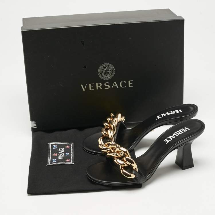 Pre Owned Versace Black Leather Medusa Chain Slide Sandals Size 36