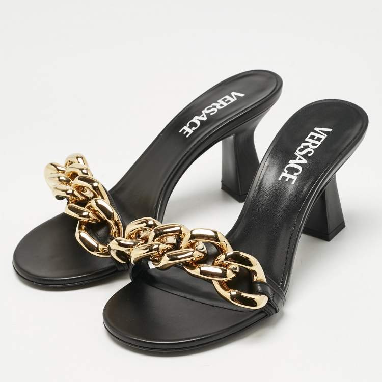 Pre Owned Versace Black Leather Medusa Chain Slide Sandals Size 36