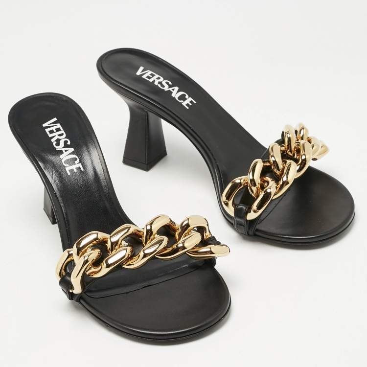 Pre Owned Versace Black Leather Medusa Chain Slide Sandals Size 36