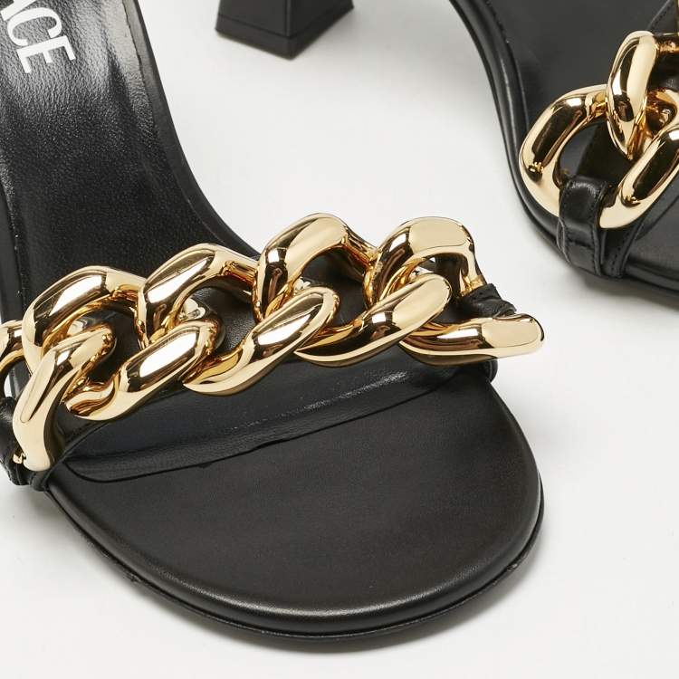 Pre Owned Versace Black Leather Medusa Chain Slide Sandals Size 36