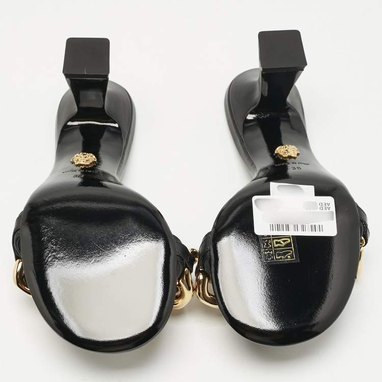 Pre Owned Versace Black Leather Medusa Chain Slide Sandals Size 36