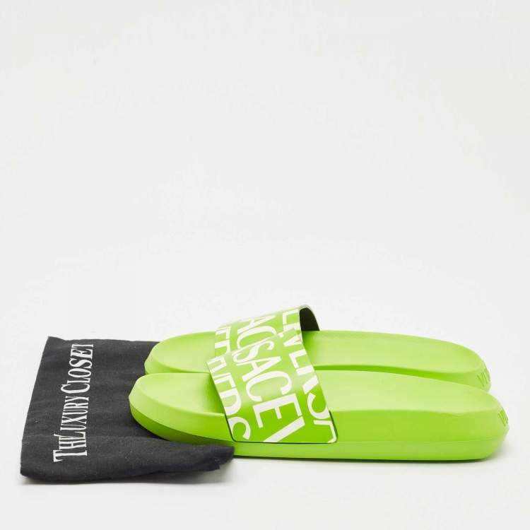 Pre Owned Versace Green/White Leather Pool Slide Size 38