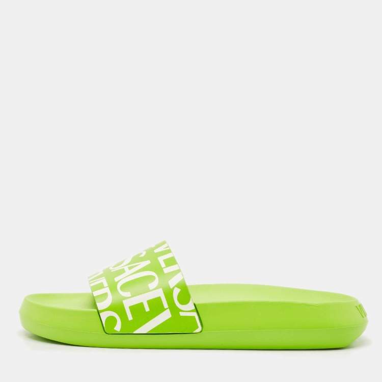 Pre Owned Versace Green/White Leather Pool Slide Size 38