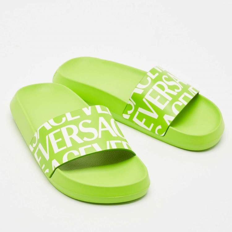 Pre Owned Versace Green/White Leather Pool Slide Size 38
