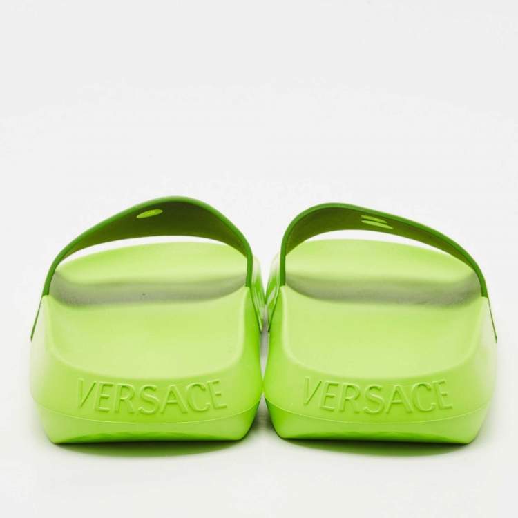Pre Owned Versace Green/White Leather Pool Slide Size 38