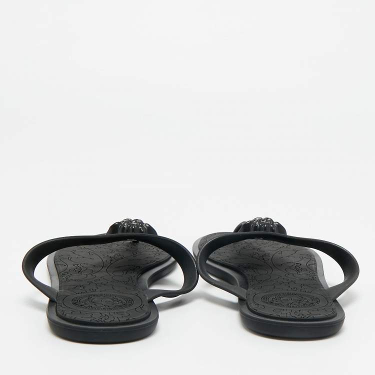 Pre Owned Versace Black Rubber Medusa Thong Flat Slide Size 38.5