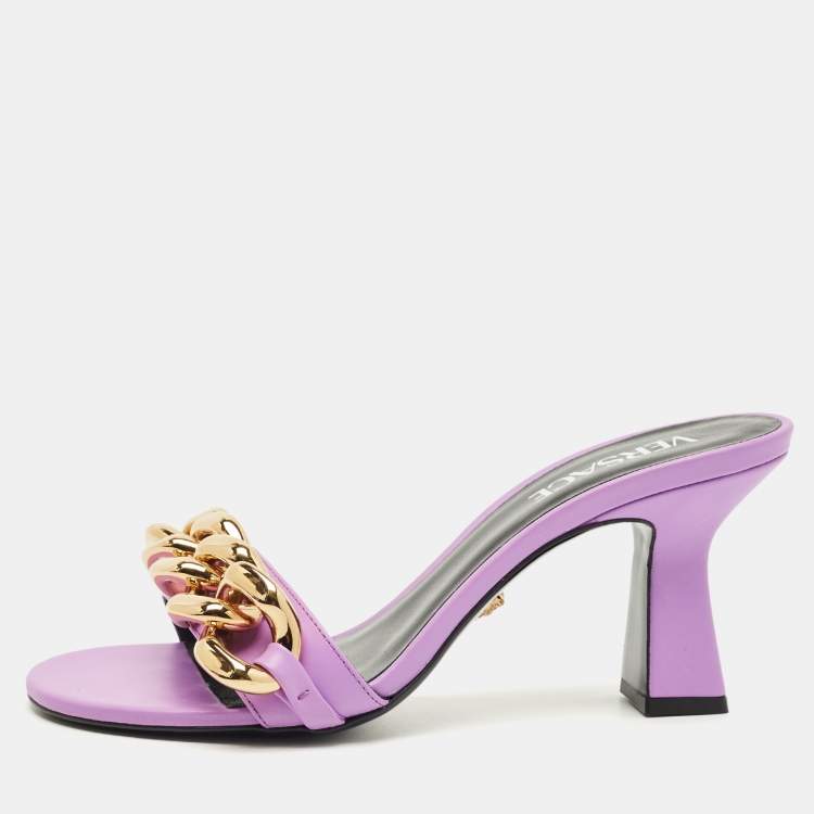 Pre Owned Versace Purple Leather Medusa Chain Slide Sandals Size 37