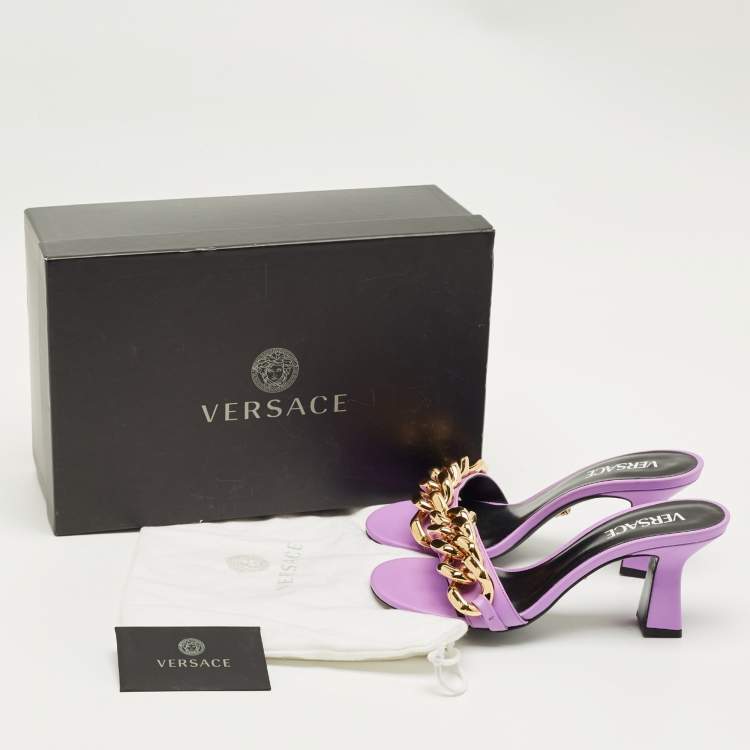 Pre Owned Versace Purple Leather Medusa Chain Slide Sandals Size 37