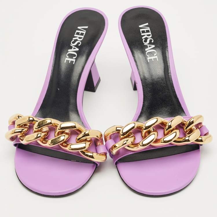 Pre Owned Versace Purple Leather Medusa Chain Slide Sandals Size 37