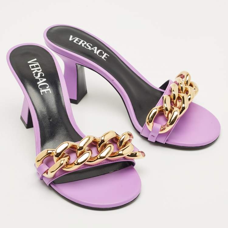Pre Owned Versace Purple Leather Medusa Chain Slide Sandals Size 37
