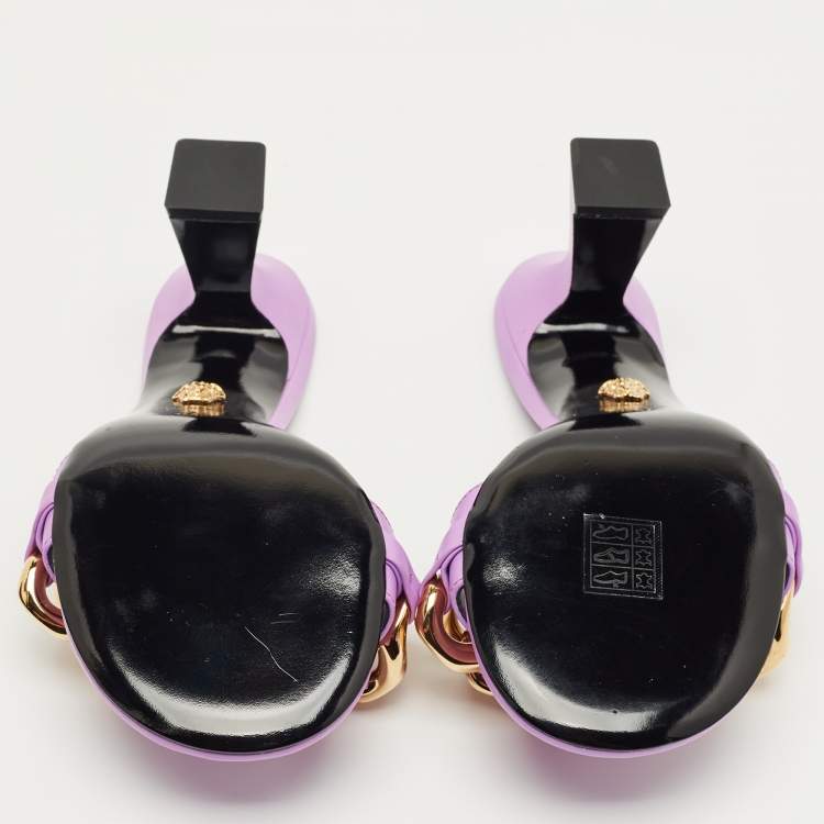 Pre Owned Versace Purple Leather Medusa Chain Slide Sandals Size 37