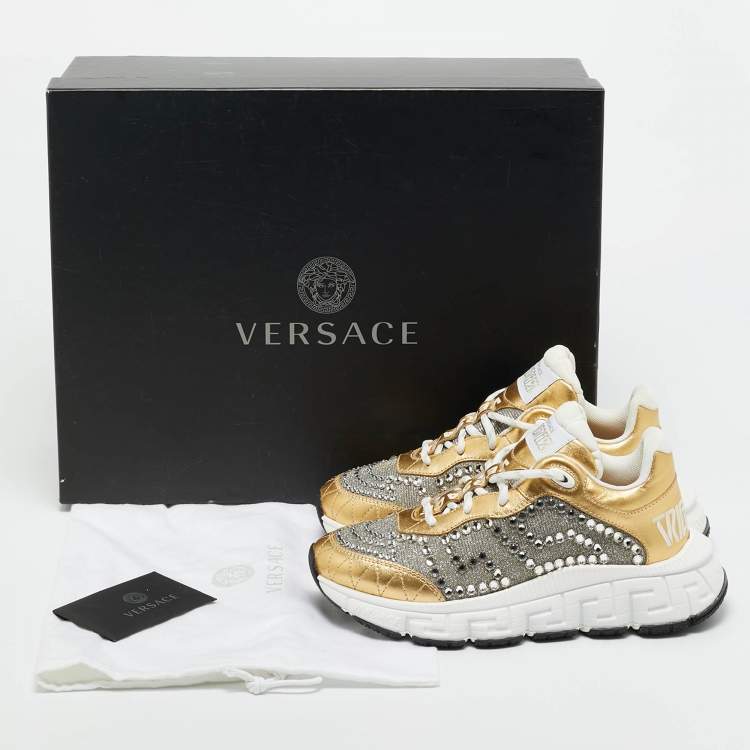 Pre Owned Versace Gold/Silver Leather and Lurex Fabric Trigreca Sneakers Size 36