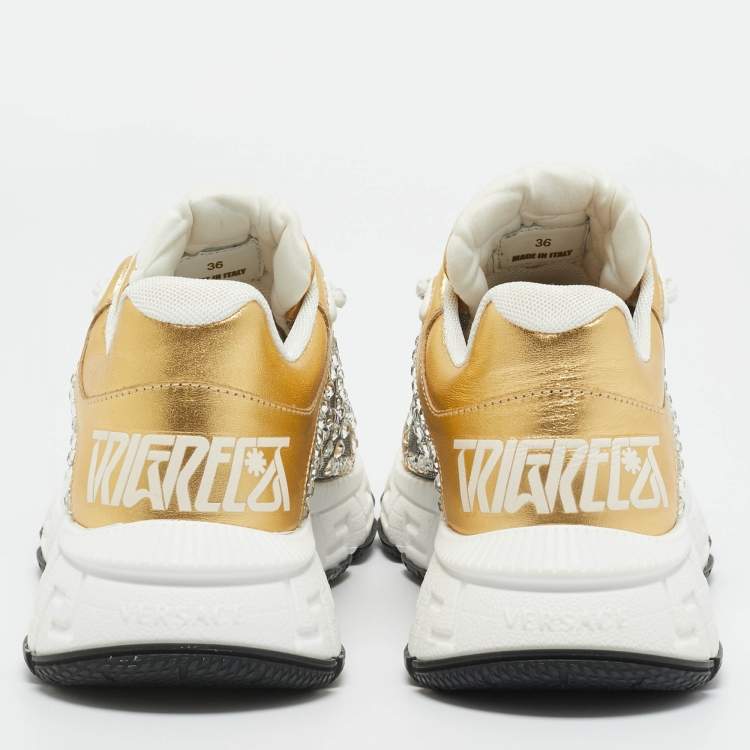 Pre Owned Versace Gold/Silver Leather and Lurex Fabric Trigreca Sneakers Size 36