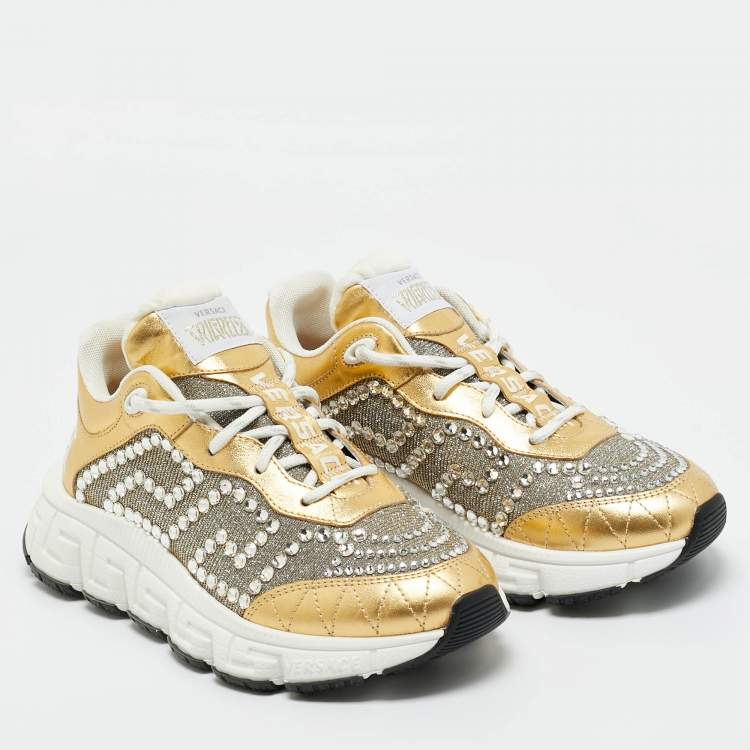 Pre Owned Versace Gold/Silver Leather and Lurex Fabric Trigreca Sneakers Size 36