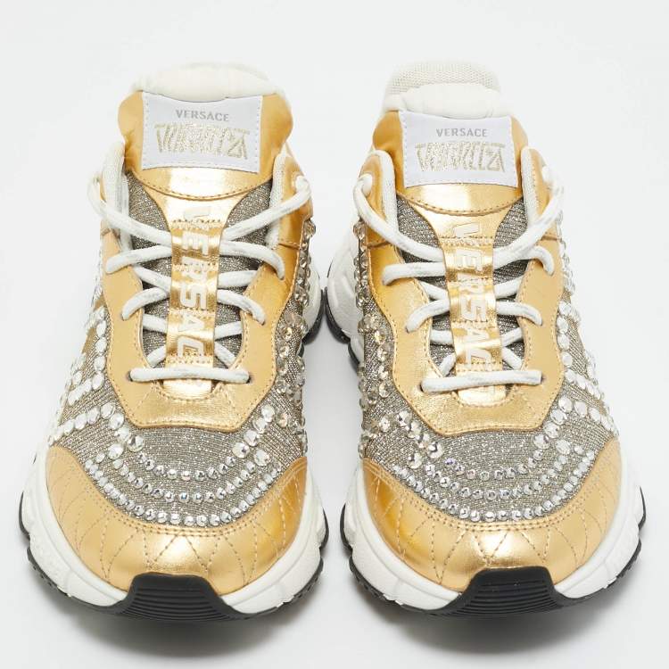 Pre Owned Versace Gold/Silver Leather and Lurex Fabric Trigreca Sneakers Size 36