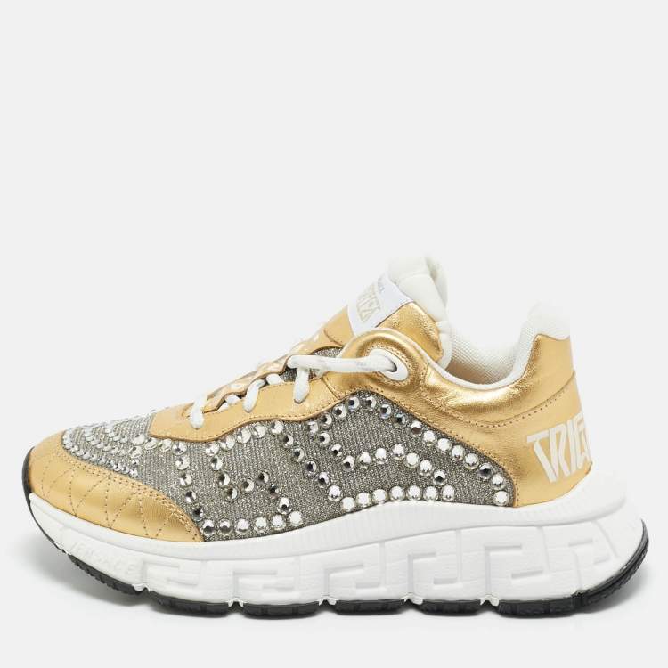 Pre Owned Versace Gold/Silver Leather and Lurex Fabric Trigreca Sneakers Size 36