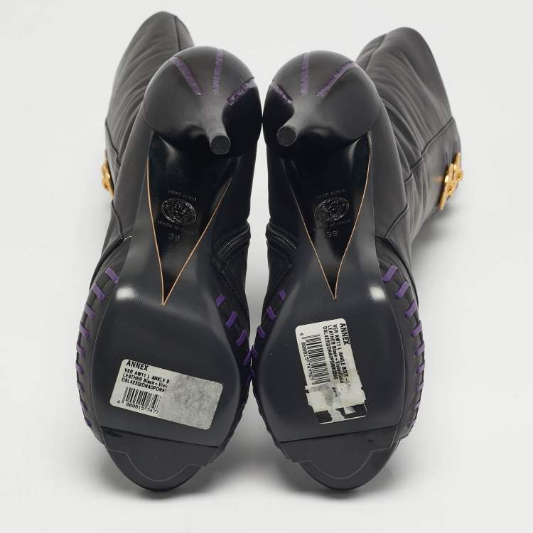 Pre Owned Versace Black Leather Medusa Mid Calf Peep Toe Boots Size 39