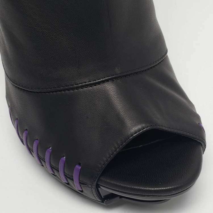 Pre Owned Versace Black Leather Medusa Mid Calf Peep Toe Boots Size 39