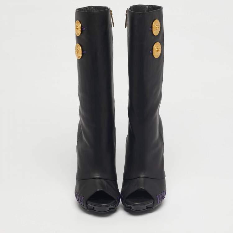 Pre Owned Versace Black Leather Medusa Mid Calf Peep Toe Boots Size 39