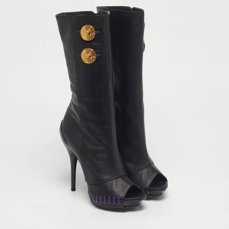 Pre Owned Versace Black Leather Medusa Mid Calf Peep Toe Boots Size 39
