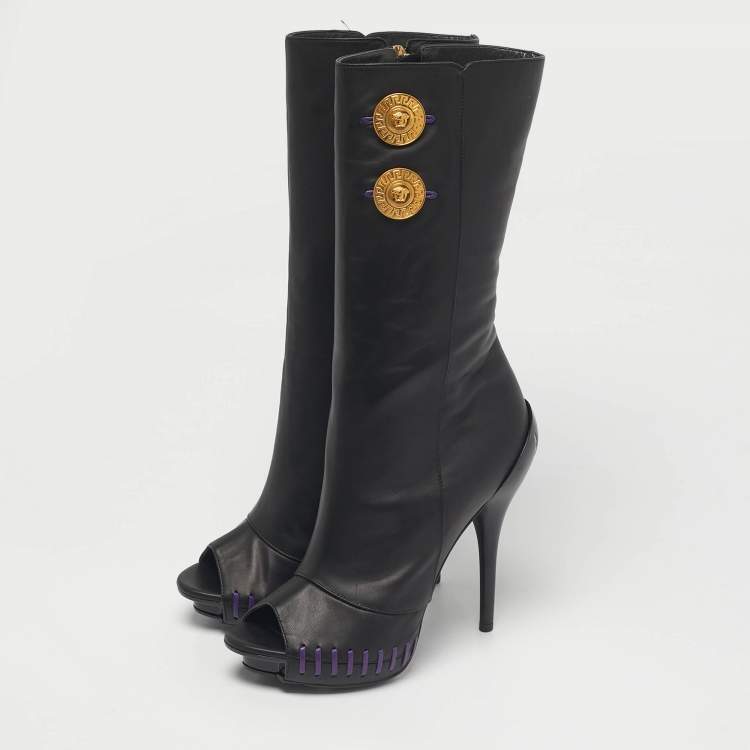 Pre Owned Versace Black Leather Medusa Mid Calf Peep Toe Boots Size 39