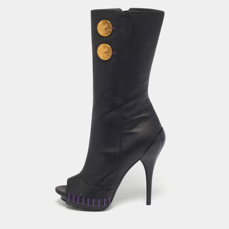 Pre Owned Versace Black Leather Medusa Mid Calf Peep Toe Boots Size 39