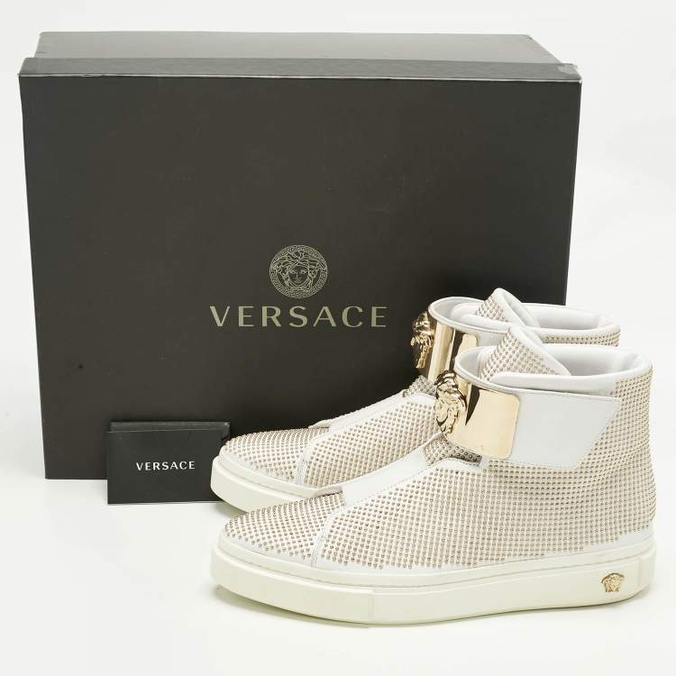Pre Owned Versace White Leather Studded Medusa High Top Sneakers Size 41