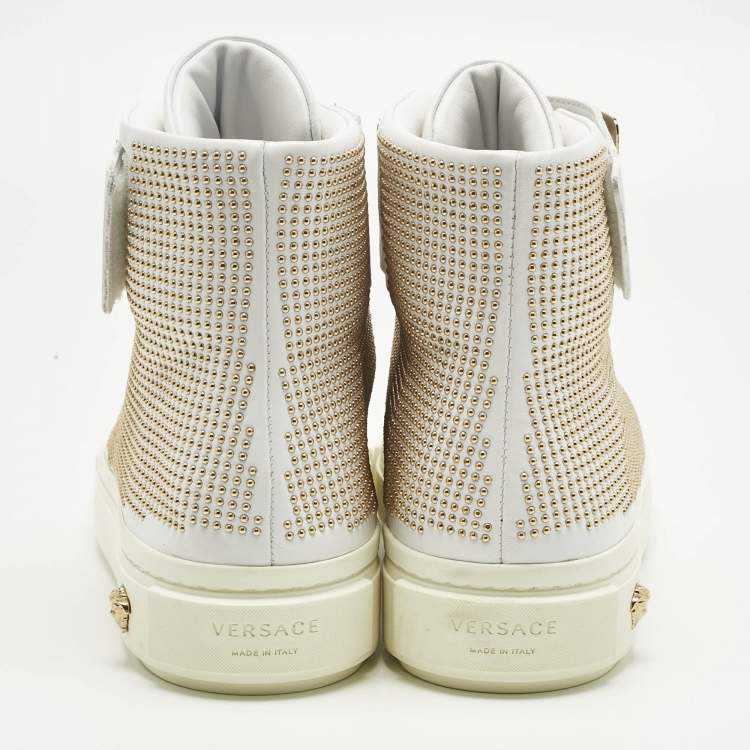 Pre Owned Versace White Leather Studded Medusa High Top Sneakers Size 41