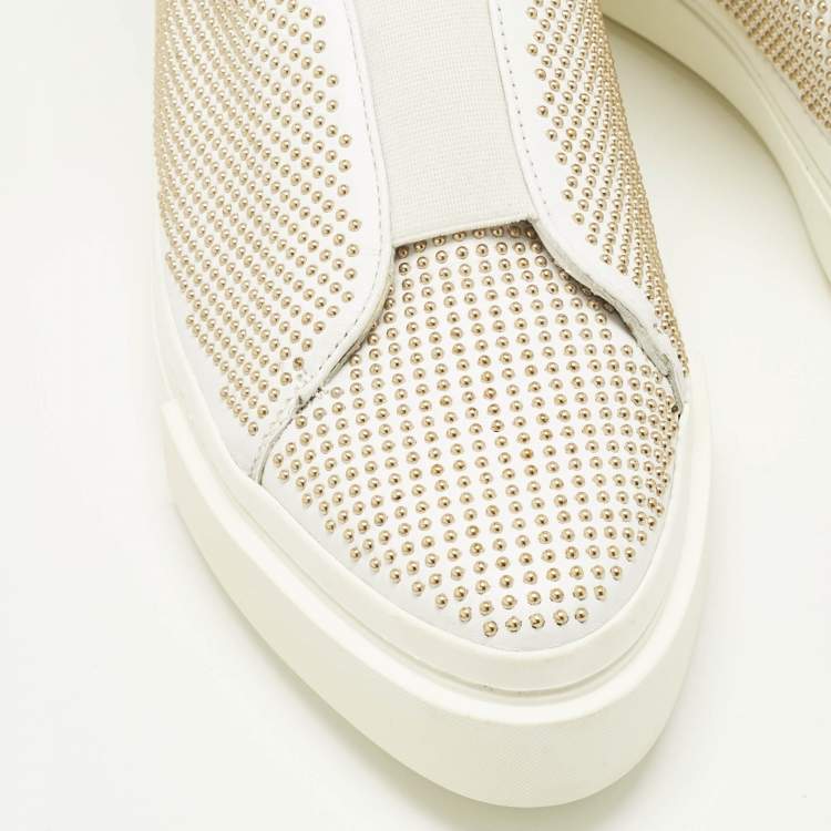 Pre Owned Versace White Leather Studded Medusa High Top Sneakers Size 41