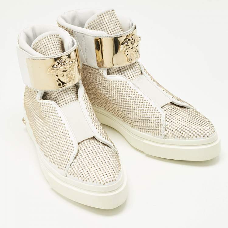 Pre Owned Versace White Leather Studded Medusa High Top Sneakers Size 41