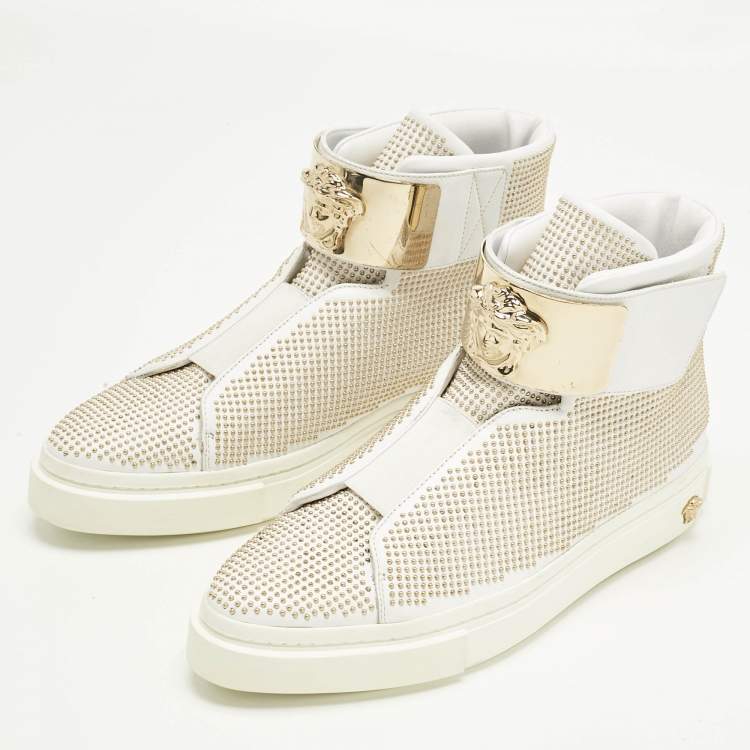 Pre Owned Versace White Leather Studded Medusa High Top Sneakers Size 41