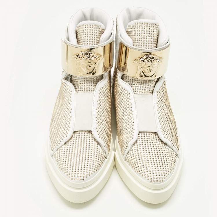 Pre Owned Versace White Leather Studded Medusa High Top Sneakers Size 41