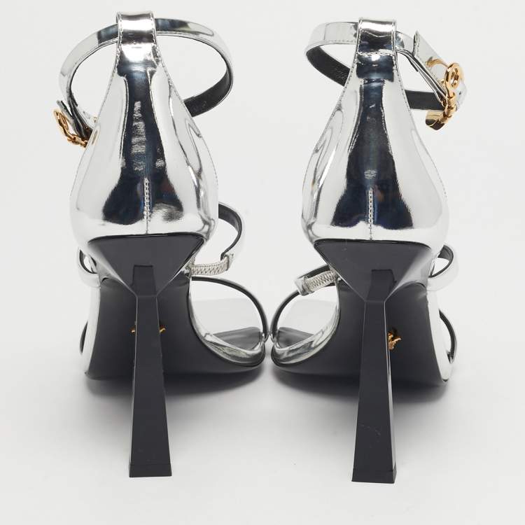 مملوكة مسبقًا Versace Silver Leather Safety Pin Ankle Strap Sandals Size 39