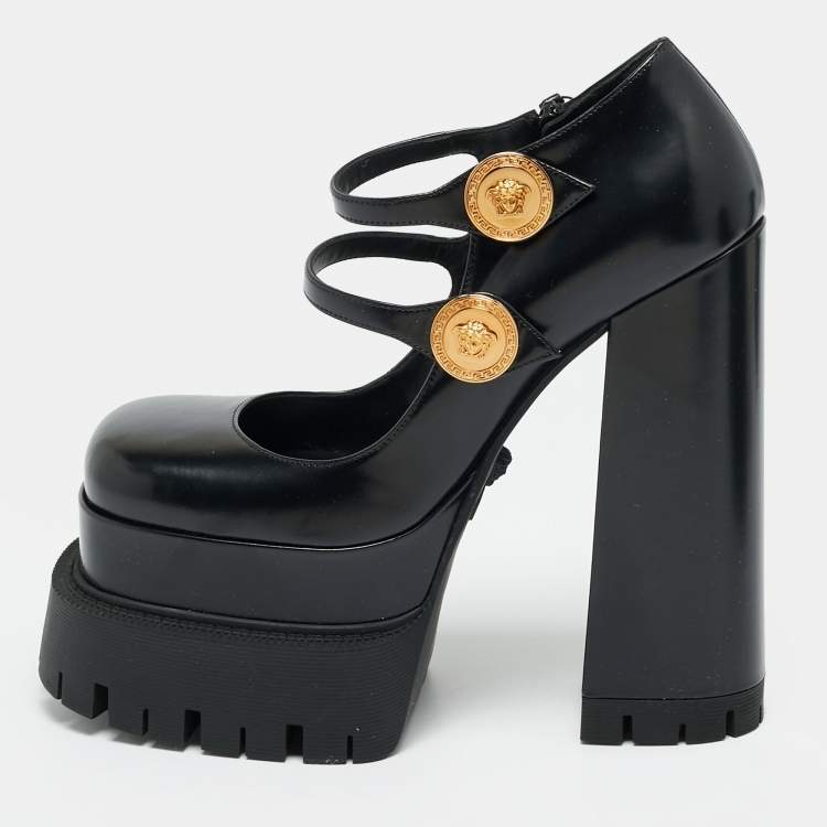 Pre Owned Versace Medusa Aevitas Size 39 Black Leather Platform Pumps