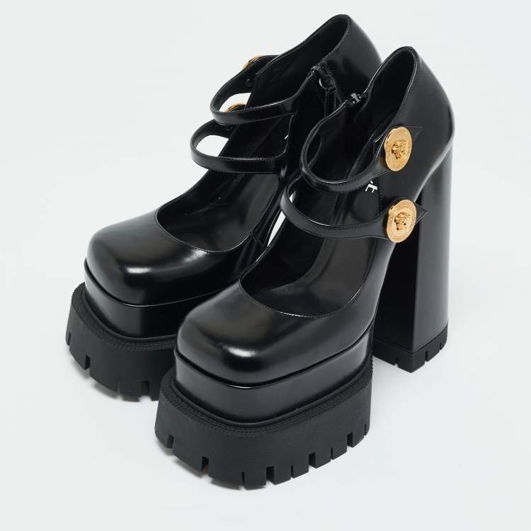 Pre Owned Versace Medusa Aevitas Size 39 Black Leather Platform Pumps
