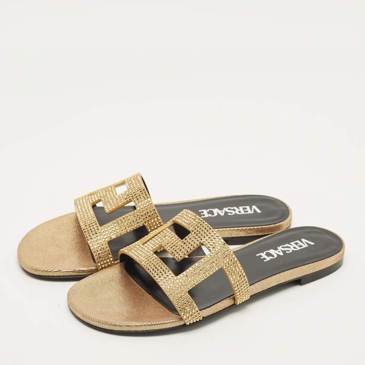 Pre Owned Versace Greca Crystals Size 35 Gold/Black Suede Slide Flats