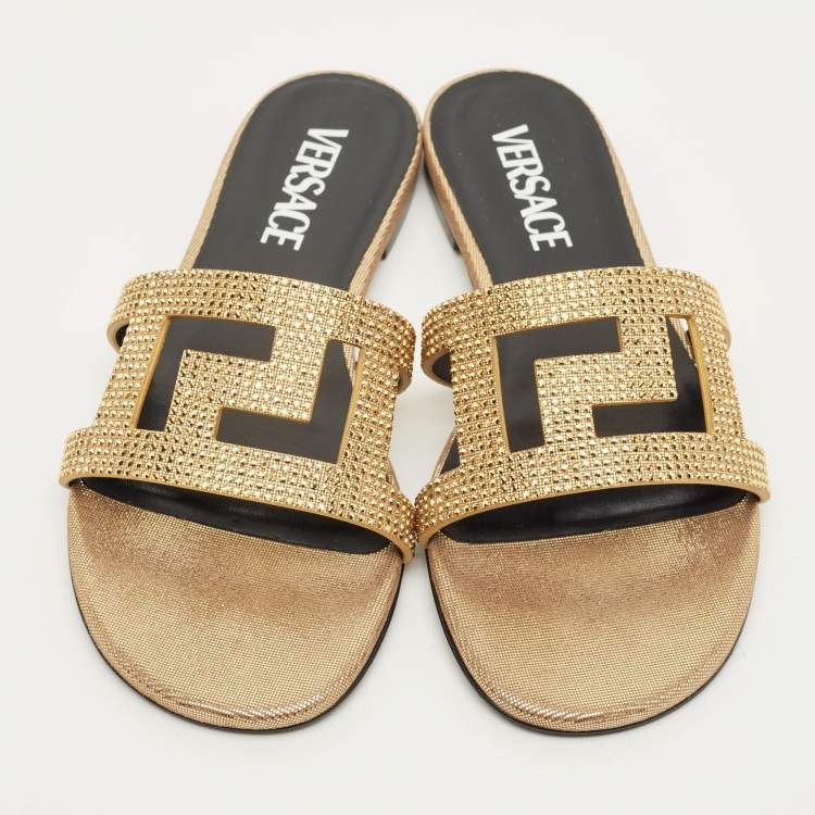 Pre Owned Versace Greca Crystals Size 35 Gold/Black Suede Slide Flats