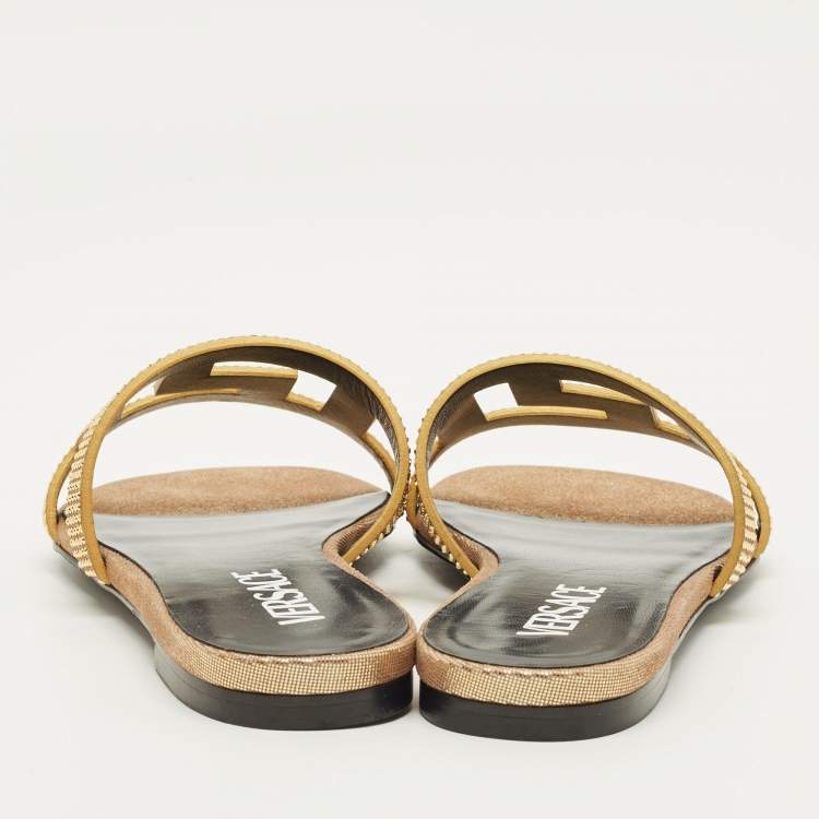 Pre Owned Versace Greca Crystals Size 35 Gold/Black Suede Slide Flats