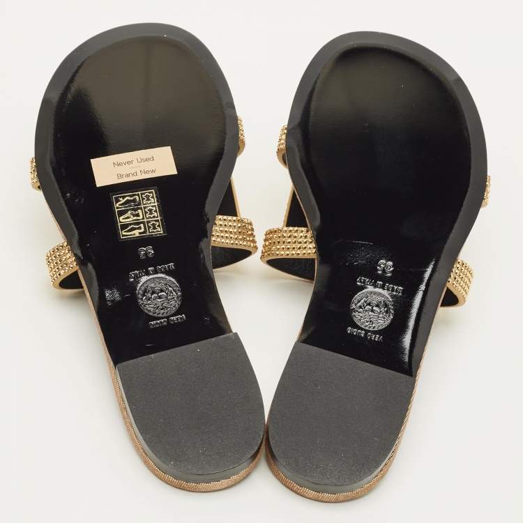 Pre Owned Versace Greca Crystals Size 35 Gold/Black Suede Slide Flats