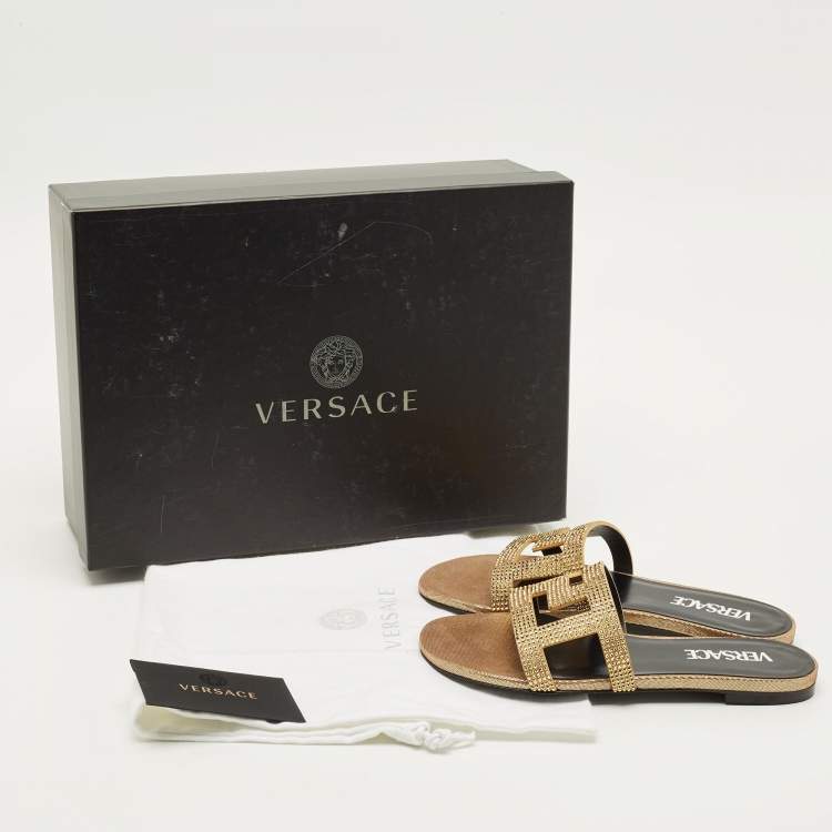 Pre Owned Versace Greca Crystals Size 35 Gold/Black Suede Slide Flats