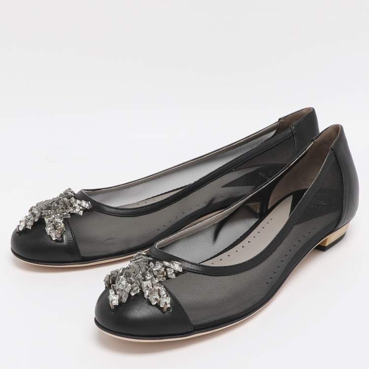 Pre Owned Versace Size 39 Black Leather and Mesh Embellished Ballet Flats
