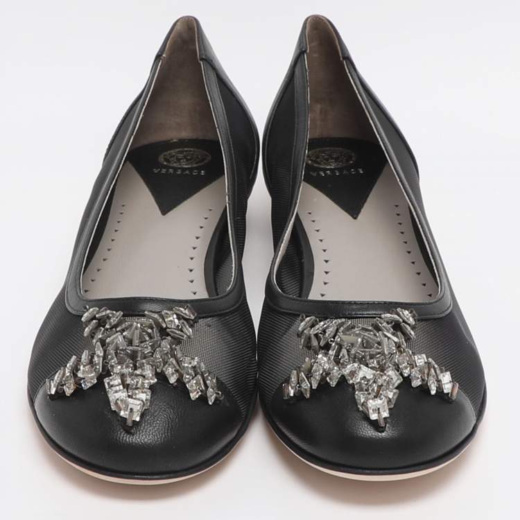 Pre Owned Versace Size 39 Black Leather and Mesh Embellished Ballet Flats