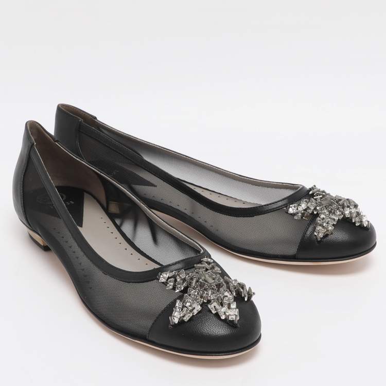 Pre Owned Versace Size 39 Black Leather and Mesh Embellished Ballet Flats