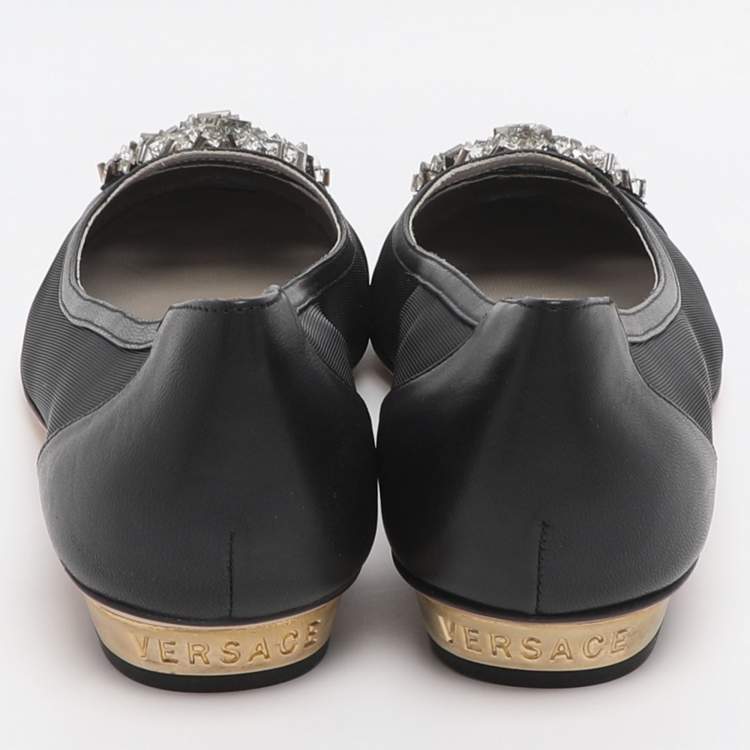 Pre Owned Versace Size 39 Black Leather and Mesh Embellished Ballet Flats